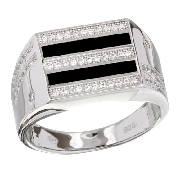 Sterling Silver 925 2 Toned Rhodium Plated Black Enamel CZ Men's Ring